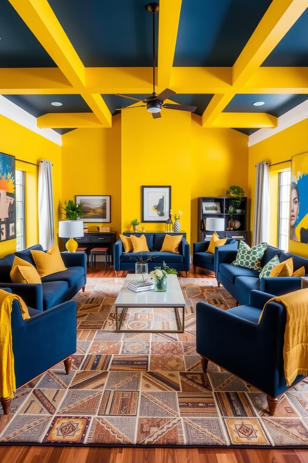 A vibrant family room featuring bold yellow walls that create a cheerful atmosphere. The furniture is a mix of navy blue sofas and armchairs, accented with yellow throw pillows for a striking contrast. A large area rug in a geometric pattern ties the room together, providing warmth underfoot. A modern coffee table sits at the center, surrounded by stylish decor and a few potted plants for a touch of greenery.