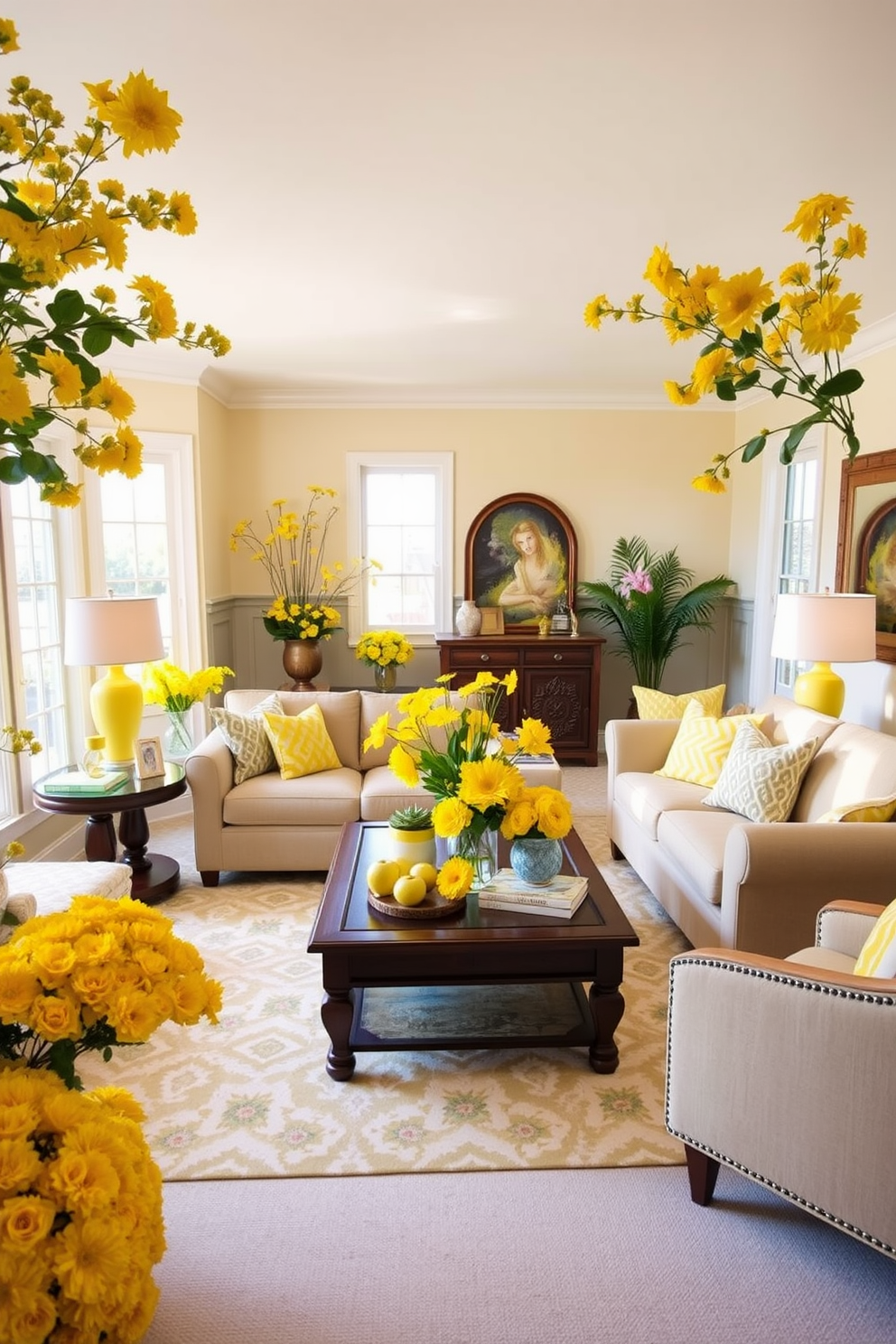 A bright and inviting family room filled with yellow floral arrangements that bring a sense of freshness and vitality. The space features a comfortable sectional sofa adorned with patterned throw pillows, and a large coffee table sits in the center, surrounded by vibrant decor pieces. The walls are painted in a soft cream color, complementing the sunny yellow accents throughout the room. Natural light floods in through large windows, highlighting the cheerful atmosphere and creating a warm, welcoming environment.