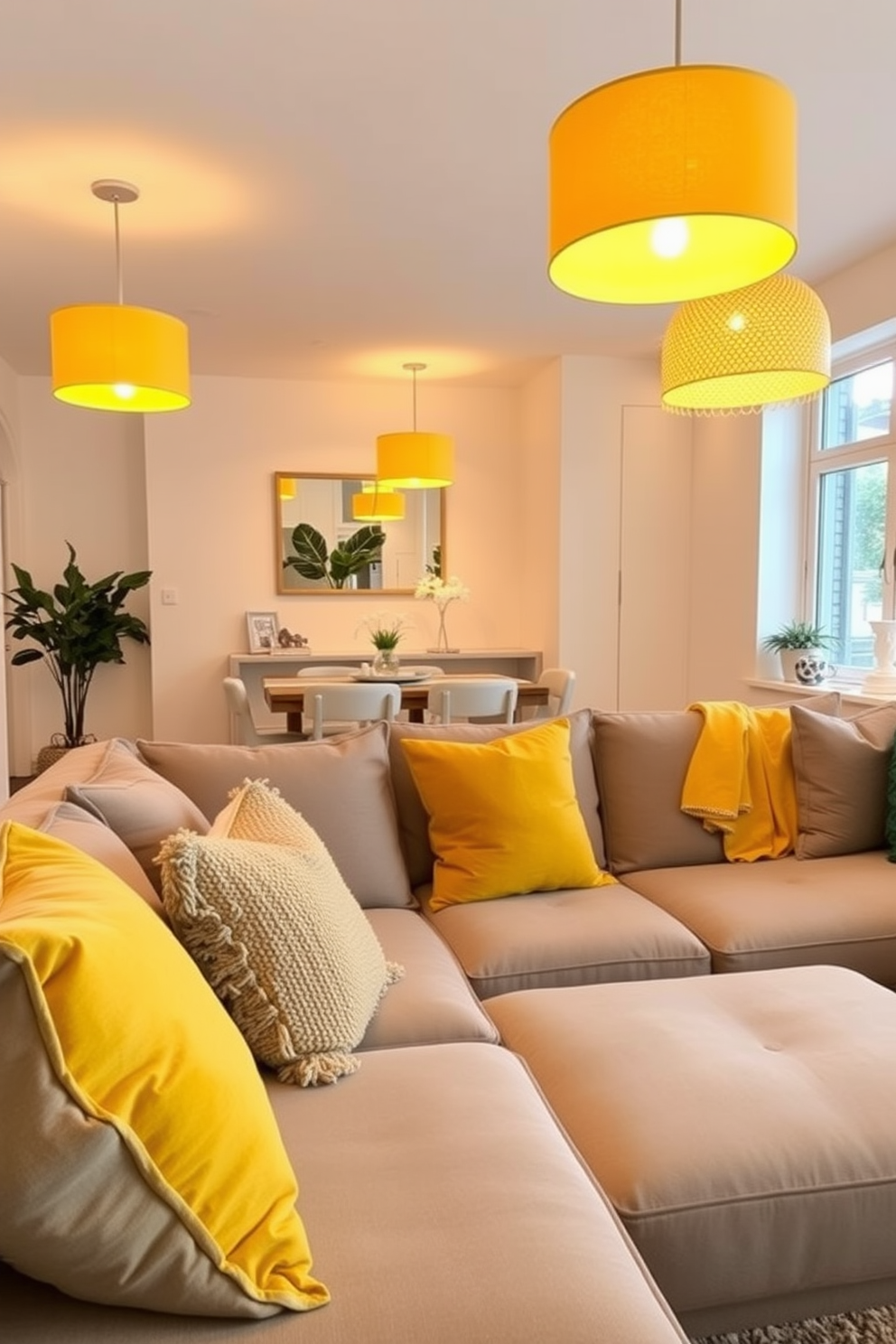 A bright family room filled with cheerful energy. The space features bright yellow lamps that illuminate the room, creating a warm and inviting atmosphere. The walls are painted in a soft white to enhance the brightness. Plush yellow and gray cushions are scattered across a comfortable sectional sofa, adding a pop of color and comfort.