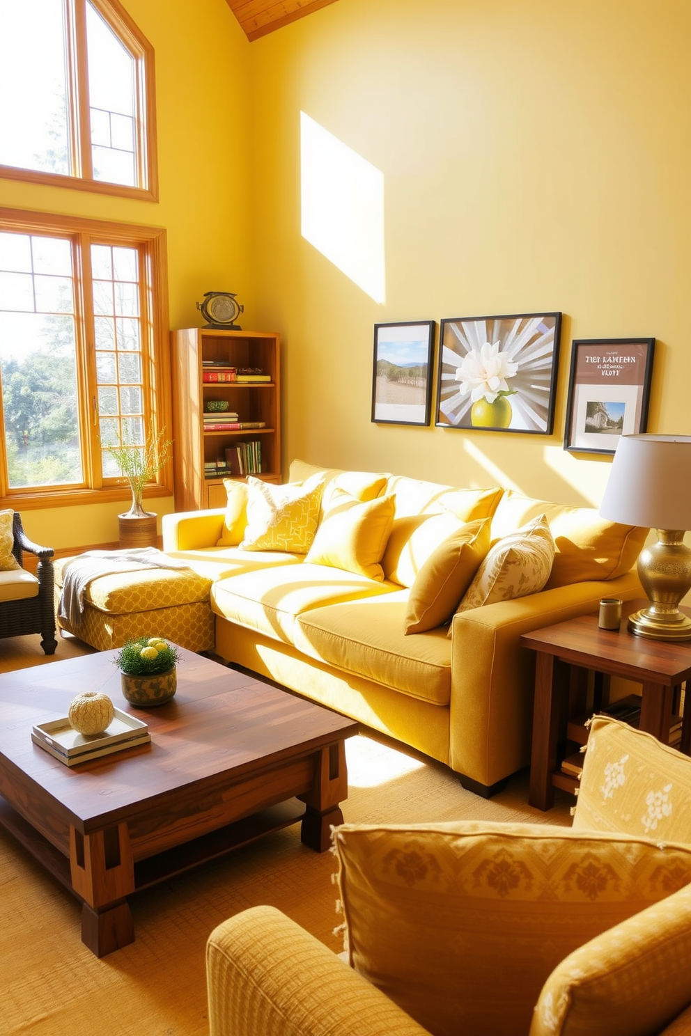 A cheerful family room adorned with yellow and blue patterned wallpaper that creates a vibrant atmosphere. The space features a plush blue sectional sofa paired with a yellow accent chair, offering a cozy seating arrangement for family gatherings. Natural light floods the room through large windows dressed with sheer white curtains. A wooden coffee table sits in the center, topped with colorful decor and a stack of magazines for a personal touch.