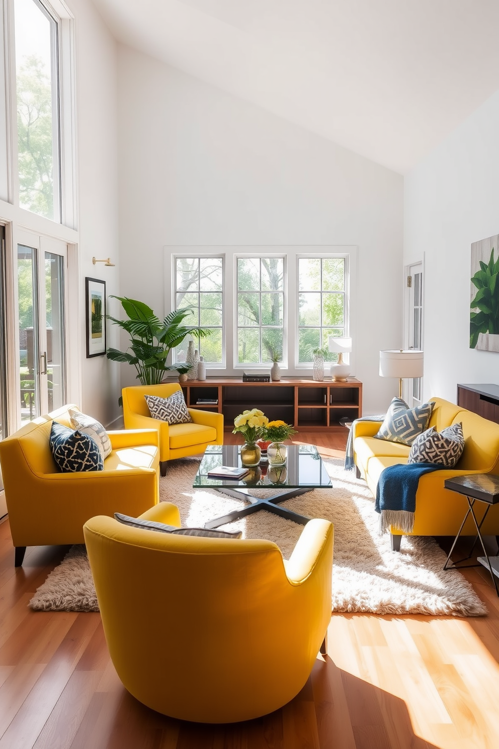 A vibrant family room filled with natural light. The focal point is a pair of yellow accent chairs positioned around a sleek coffee table, inviting conversation and relaxation. The walls are painted in a soft white, creating a bright and airy atmosphere. A plush area rug anchors the seating area, complementing the cheerful yellow tones of the chairs.