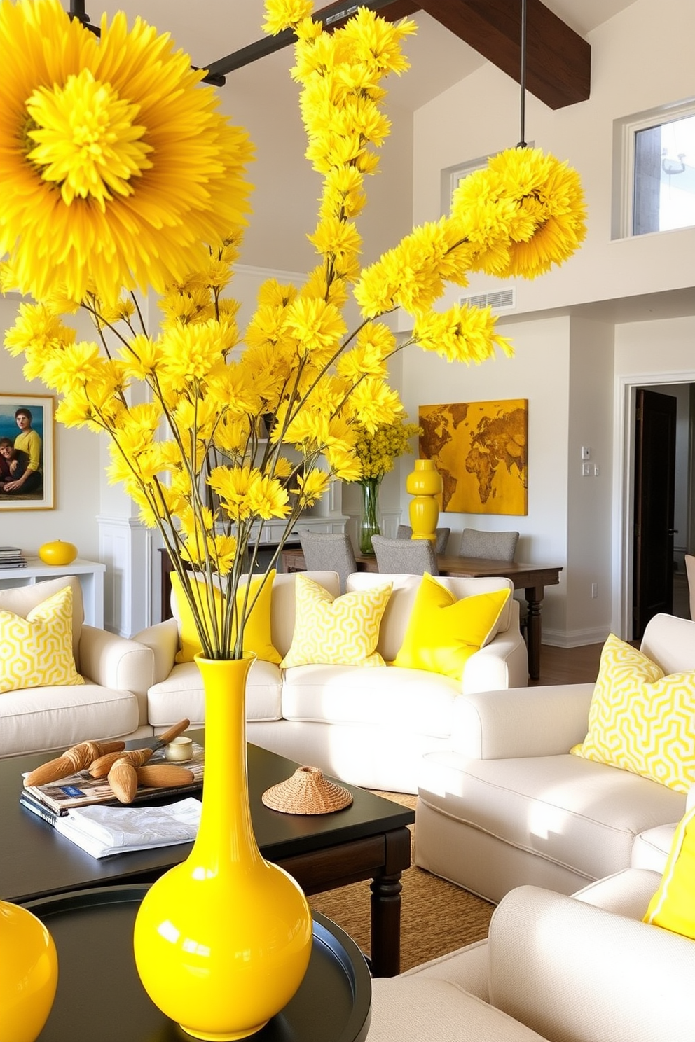 A bright and cheerful family room filled with sunny yellow decorative vases. The space features comfortable seating arrangements with soft, neutral-colored sofas and vibrant yellow accent pillows.