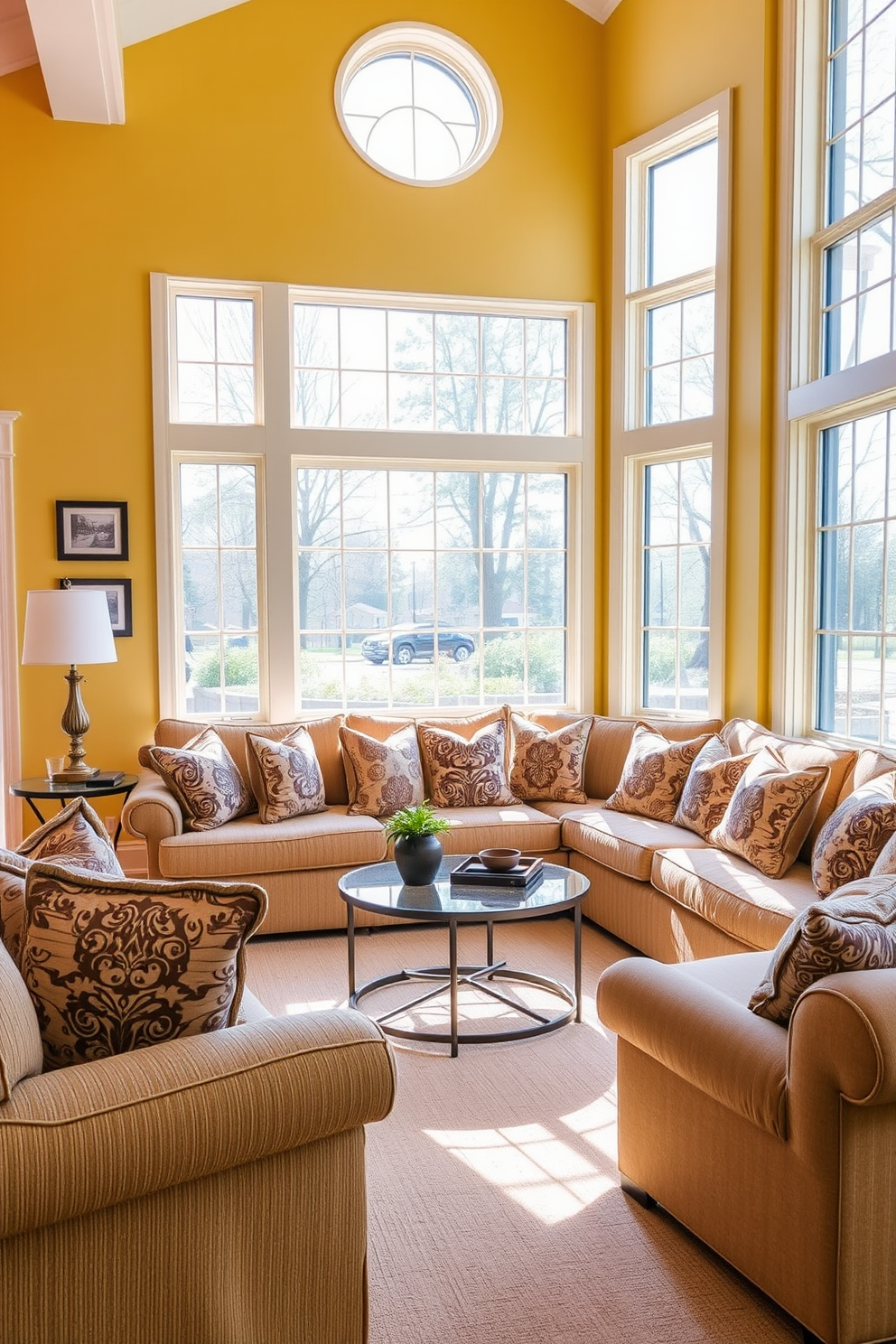 A cozy family room features a warm yellow color palette with patterned cushions adorning a plush sofa. The cushions add texture and vibrancy to the space, enhancing the inviting atmosphere of the room. Natural light floods in through large windows, illuminating the soft yellow walls and creating a cheerful ambiance. A stylish coffee table sits in the center, surrounded by comfortable seating that encourages relaxation and family gatherings.