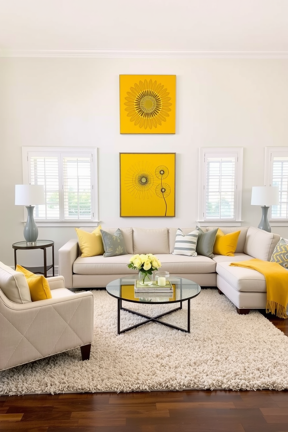 A bright and inviting family room featuring yellow wall art as a focal point. The walls are painted in a soft neutral tone, allowing the vibrant yellow artwork to stand out beautifully. The room is furnished with a comfortable sectional sofa in a light fabric, complemented by yellow and gray accent pillows. A stylish coffee table sits in the center, surrounded by a plush area rug that ties the space together.