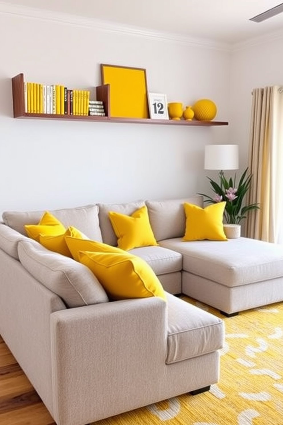 A bright and inviting family room featuring yellow decorative books displayed on a stylish wooden shelf. The room is adorned with a cozy sectional sofa in soft gray, complemented by vibrant yellow throw pillows and a matching area rug.