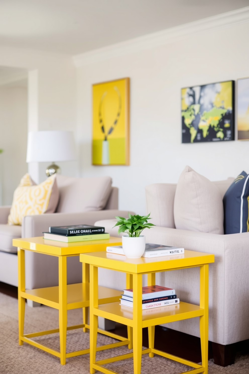 A bright family room featuring yellow side tables that add a pop of color to the space. The side tables are styled with decorative books and a small potted plant, creating a functional yet chic decor element. The room is designed with comfortable seating in neutral tones, complemented by vibrant yellow accents in the throw pillows and artwork. Soft lighting from a stylish floor lamp enhances the warm and inviting atmosphere of the family room.