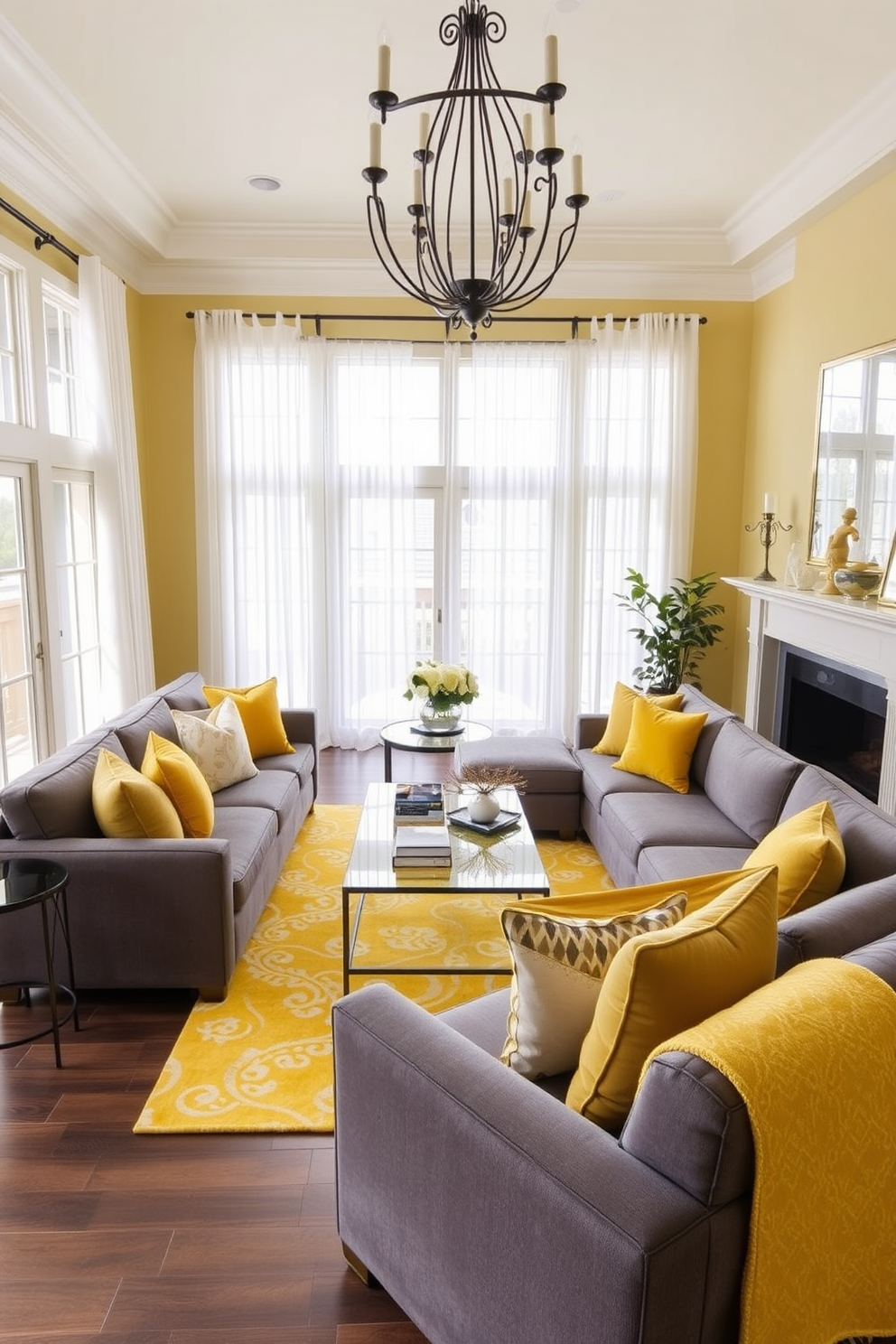 A family room designed in a yellow and gray color scheme exudes elegance and warmth. The walls are painted a soft pale yellow, while the furniture features rich gray upholstery, creating a harmonious balance. A large sectional sofa in gray is complemented by vibrant yellow accent pillows and a matching area rug. Natural light floods the space through large windows adorned with sheer white curtains, enhancing the inviting atmosphere.