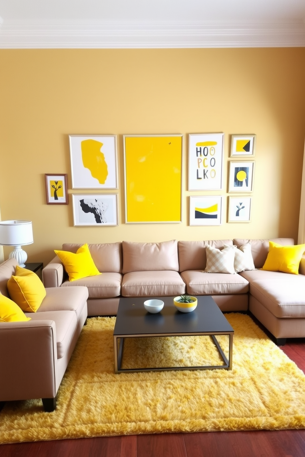 A vibrant family room featuring a gallery wall design that incorporates various shades of yellow. The artwork includes abstract pieces and framed photographs, creating a lively focal point that brightens the space. The room is furnished with a comfortable sectional sofa in a neutral tone, accented by yellow throw pillows. A sleek coffee table sits in the center, surrounded by a soft area rug that complements the yellow accents.