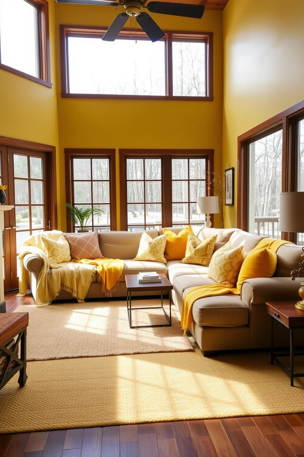 A cozy family room featuring a warm yellow color palette. The space is adorned with soft yellow throws draped over a plush sectional sofa, inviting relaxation. Bright accent pillows complement the yellow throws, adding texture and comfort. Large windows allow natural light to flood the room, enhancing the cheerful atmosphere.