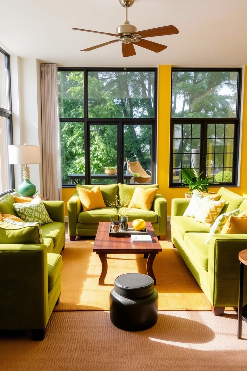 A bright and inviting family room features a vibrant yellow accent wall that complements the soft green furnishings. Plush green sofas are adorned with yellow throw pillows, creating a cozy and cheerful atmosphere. Large windows allow natural light to flood the space, showcasing a view of lush greenery outside. A wooden coffee table sits in the center, surrounded by a mix of yellow and green decorative accents, enhancing the nature-inspired theme.