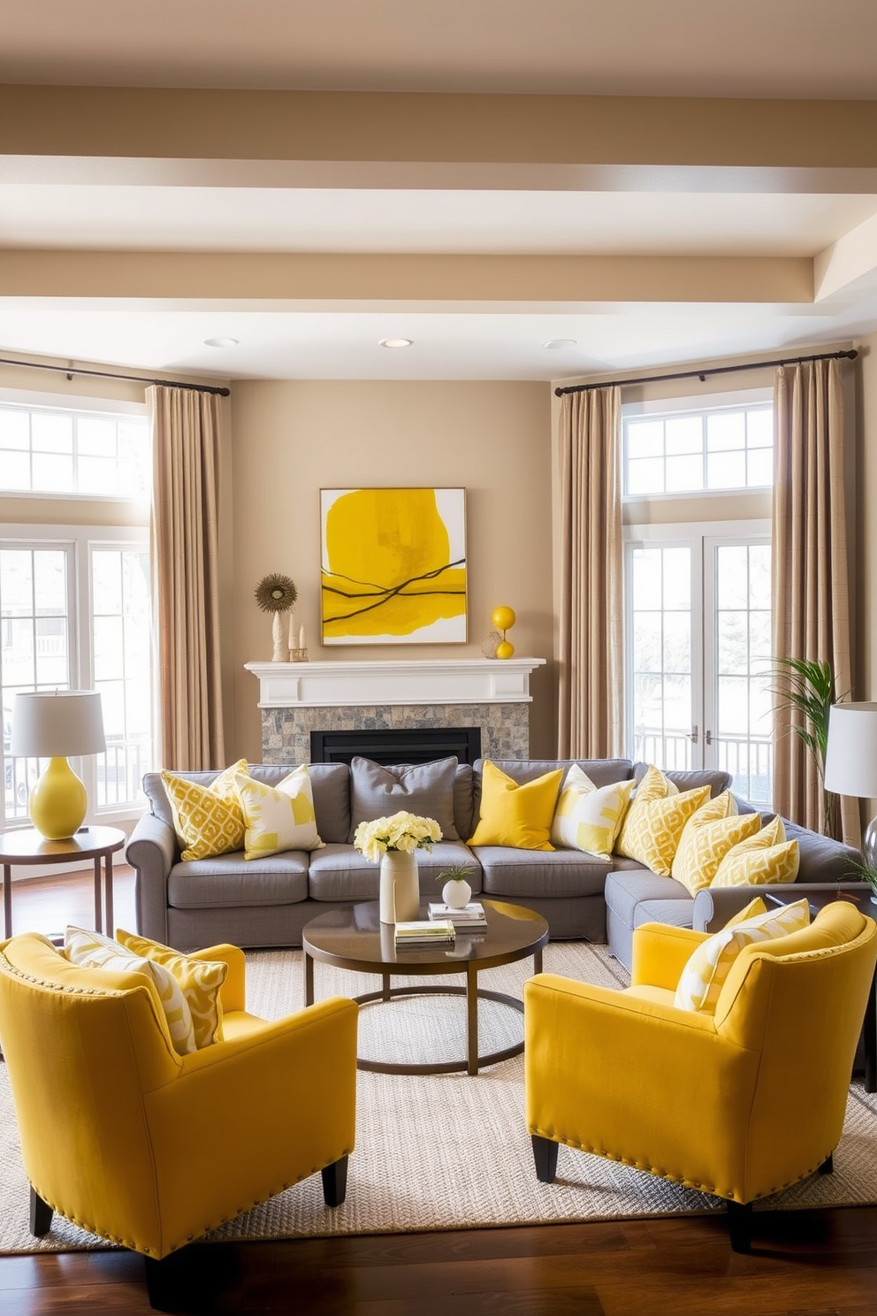 A vibrant family room featuring accent yellow elements balanced with neutral tones. The walls are painted in a soft beige, while the furniture includes a plush gray sofa and yellow accent chairs. Large windows allow natural light to flood the space, enhancing the cheerful atmosphere. Decorative throw pillows in varying shades of yellow and neutral tones adorn the sofa, creating a cohesive look.