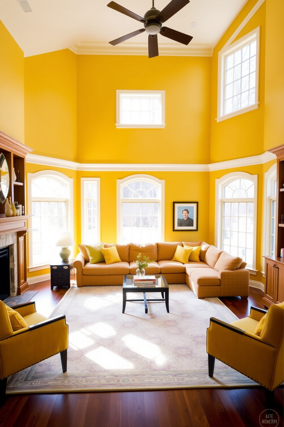 A bright family room featuring large windows that allow natural light to flood the space. The walls are painted in a warm yellow hue, accentuating the architectural details like crown molding and built-in shelves. In the center, a plush sectional sofa in a complementary color invites relaxation. A large area rug with subtle patterns anchors the seating area, while yellow accent pillows add a cheerful touch.