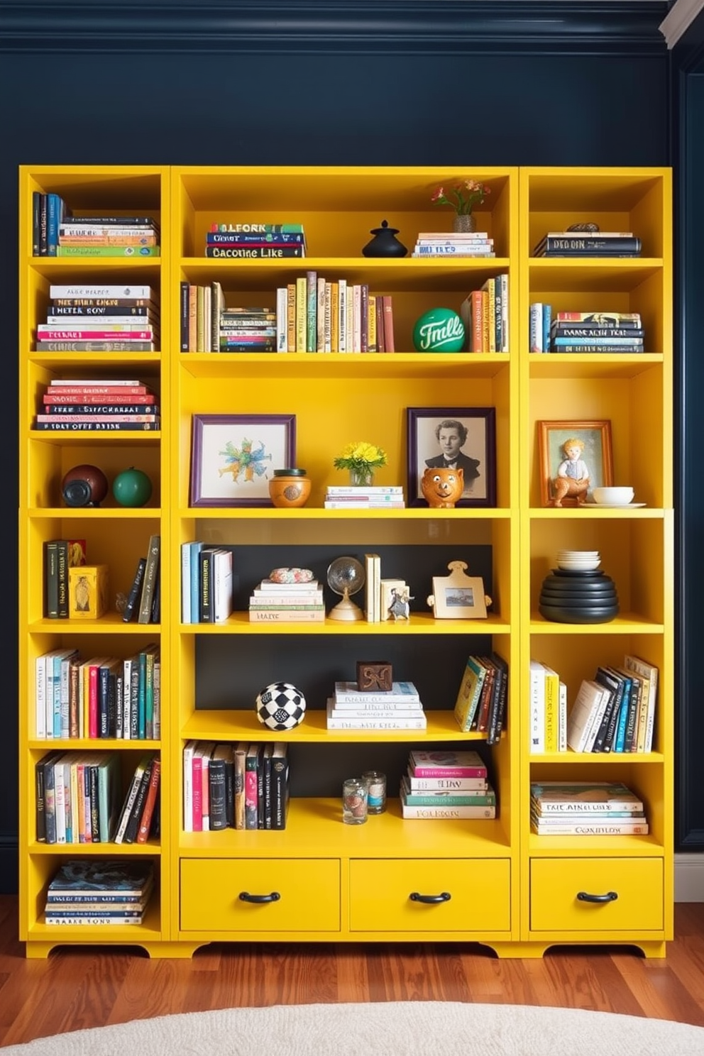 A vibrant family room featuring yellow shelving units that provide stylish storage solutions. The shelves are filled with colorful books and decorative items, adding a playful touch to the space.