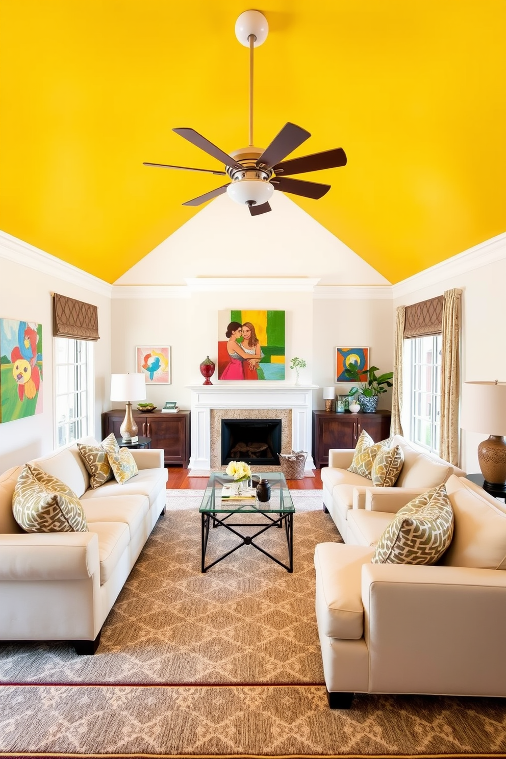 A bright yellow ceiling creates a vibrant and cheerful atmosphere in the family room. The walls are painted in a soft white to balance the bold ceiling, while plush furniture in neutral tones invites comfort and relaxation. Incorporate colorful artwork and decorative pillows to enhance the lively theme. A large area rug with geometric patterns adds texture and ties the space together beautifully.