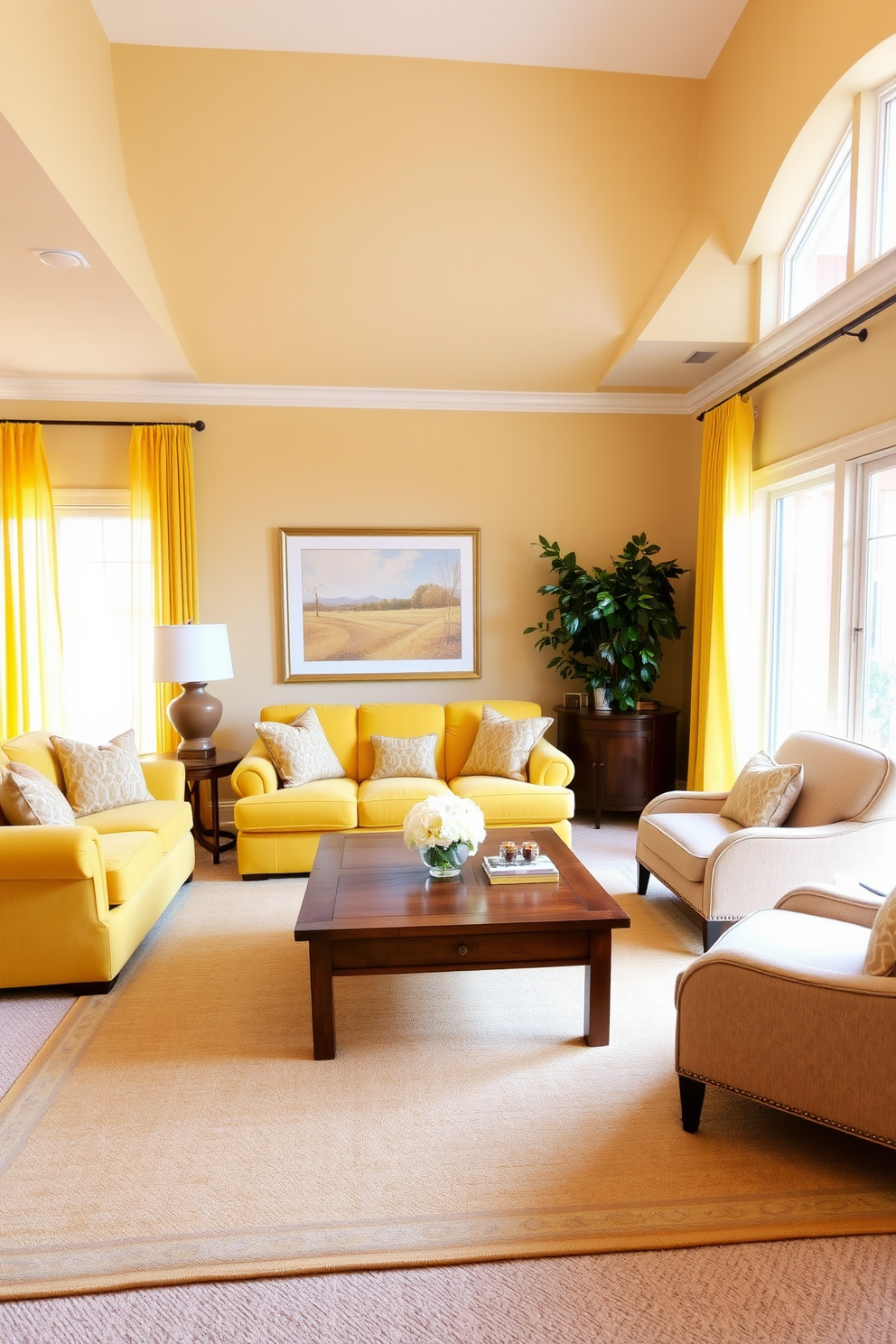 A cozy family room with a warm palette featuring yellow and beige tones. The walls are painted in a soft beige, while the furniture includes a plush yellow sofa adorned with patterned throw pillows. A wooden coffee table sits in the center, surrounded by a pair of beige armchairs. A large area rug with subtle yellow accents anchors the space, and natural light floods in through large windows draped with sheer yellow curtains.