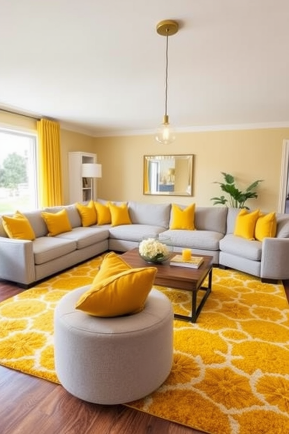 A bright and inviting family room designed around a warm yellow color palette. The space features a comfortable sectional sofa in soft gray, accented with yellow throw pillows and a vibrant area rug that ties the room together. Elegant pendant lighting fixtures in a sleek gold finish hang above the coffee table, casting a warm glow throughout the room. A large window allows natural light to flood in, enhancing the cheerful atmosphere created by the yellow accents.