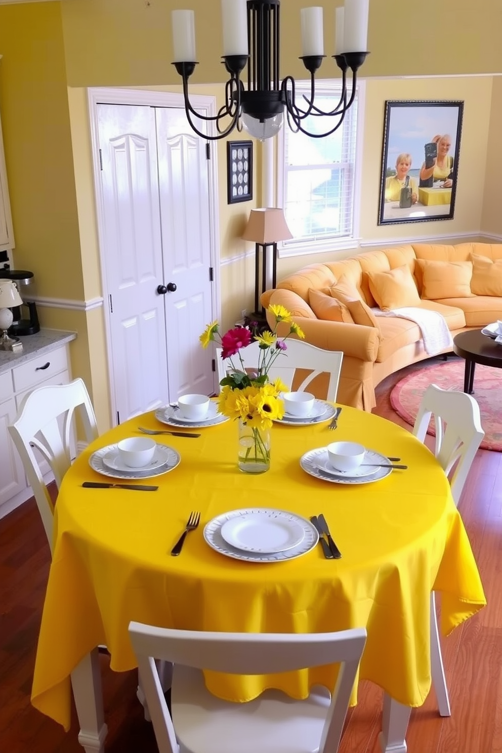 A cheerful dining area featuring a yellow table setting. The table is adorned with a yellow tablecloth, white dinnerware, and fresh flowers in a vase at the center. A cozy family room designed with yellow accents. The space includes a plush yellow sofa, complementary throw pillows, and a warm area rug that ties the room together.