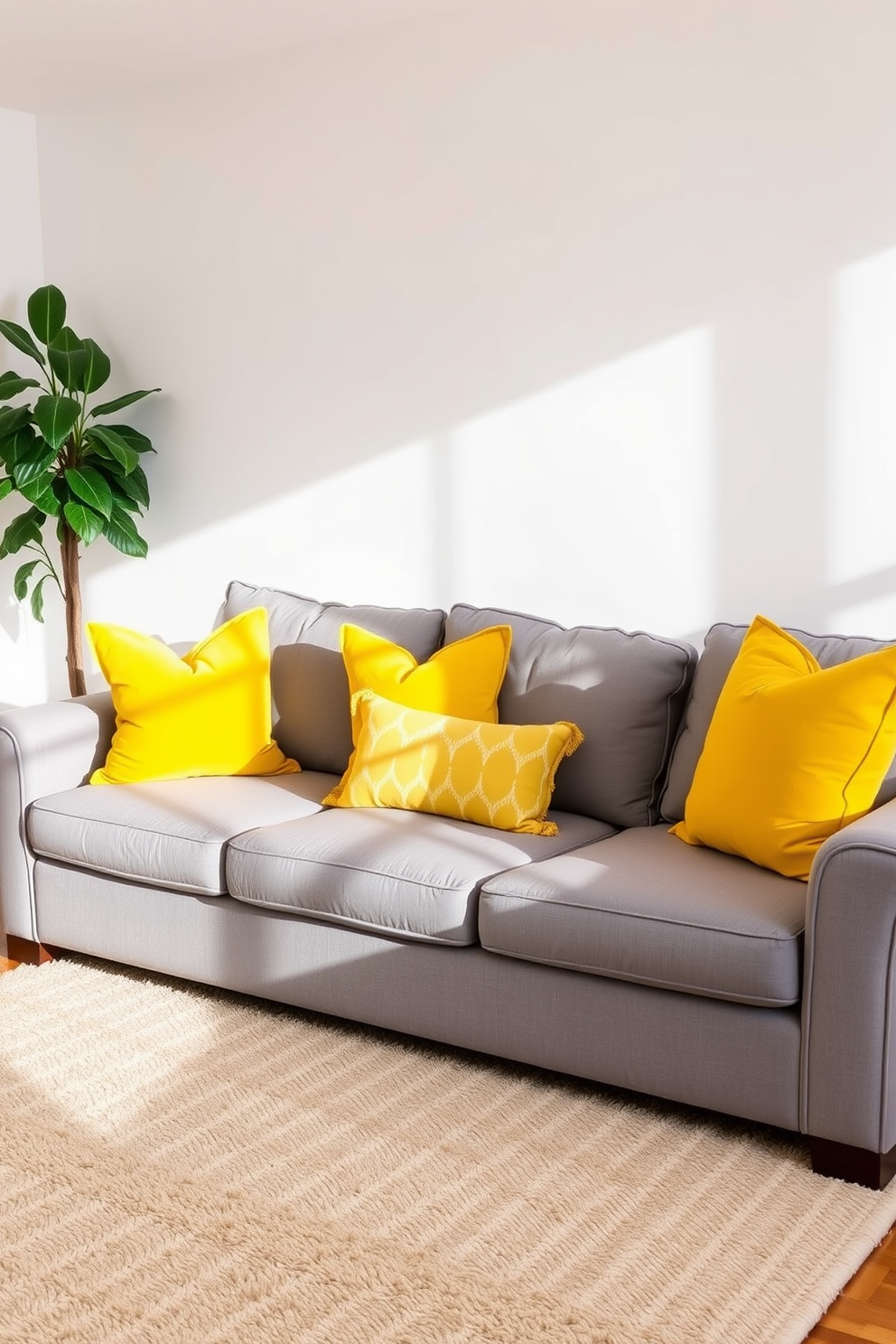 A bright and cheerful family room filled with sunshine yellow throw pillows on a plush gray sofa. The walls are painted in a soft white, creating a warm and inviting atmosphere, complemented by a cozy area rug in neutral tones.