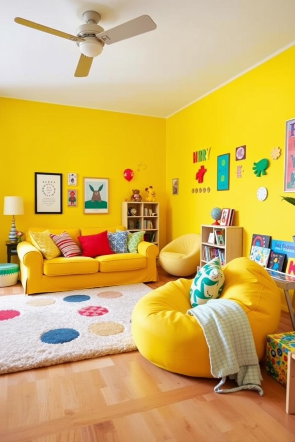 A vibrant family room features yellow wall shelves that elegantly display a collection of treasured items. The shelves are complemented by cozy seating arrangements and playful decor that enhance the cheerful ambiance of the space.