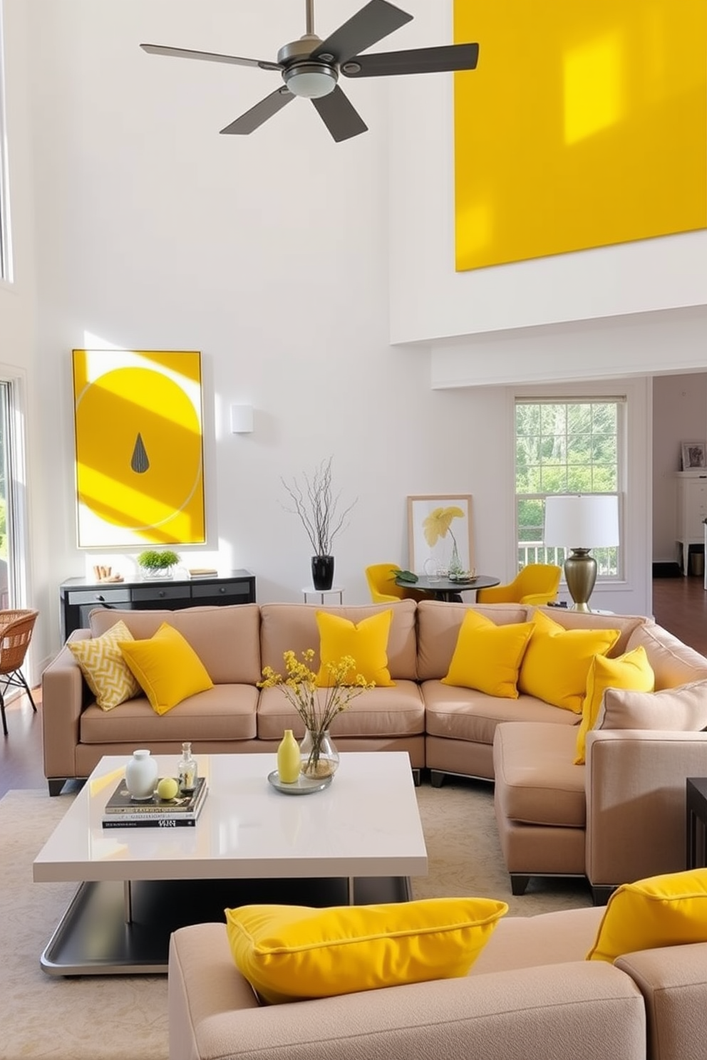 A bright family room featuring a lemon yellow area rug laid on a warm hardwood floor. The space is filled with comfortable seating, including a plush sectional sofa adorned with colorful throw pillows and a stylish coffee table at the center.