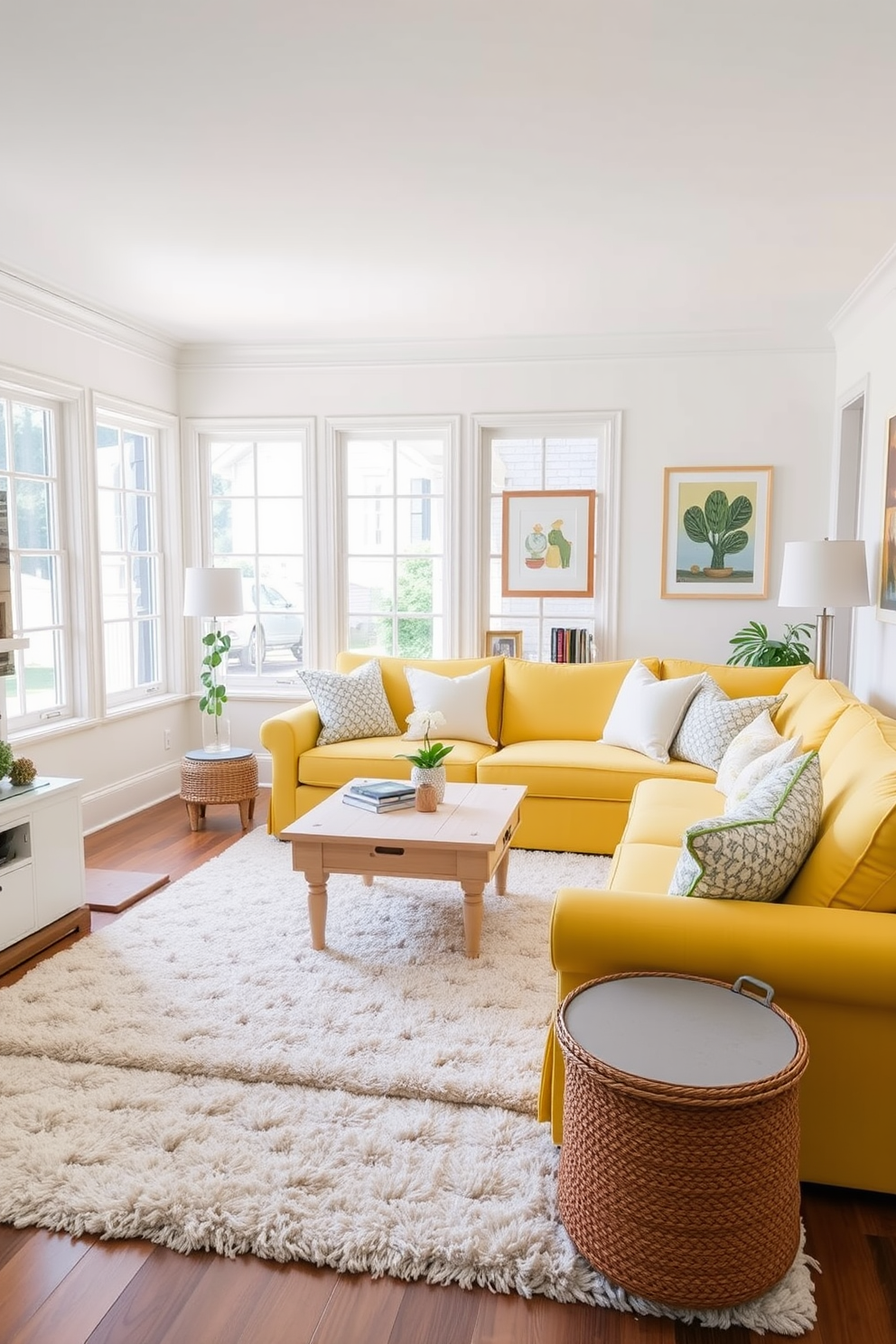 A family room filled with pastel yellow furniture that exudes subtle charm. The space features a cozy sectional sofa adorned with soft throw pillows and a light wood coffee table at the center. Large windows allow natural light to flood the room, enhancing the warm tones of the decor. A plush area rug anchors the seating area, while cheerful artwork in complementary colors adorns the walls.