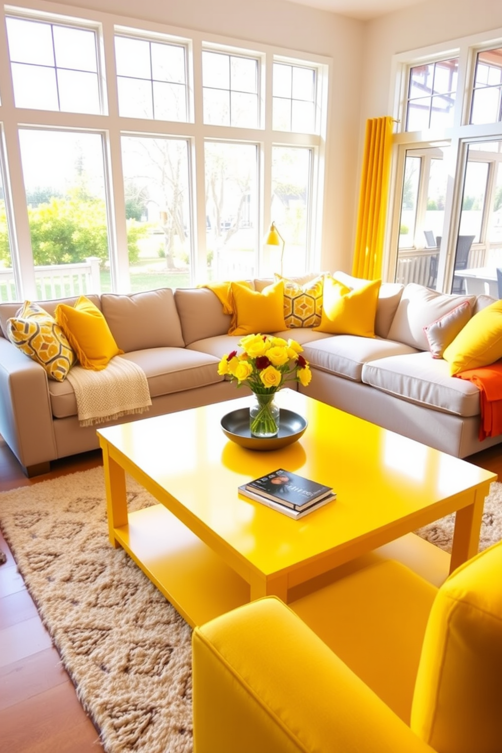 A bright family room filled with warmth and character. The walls are painted in a soft yellow hue, adorned with vibrant wall art that adds a cheerful touch. Comfortable seating arrangements include a plush sectional sofa and colorful accent chairs. A large coffee table sits in the center, surrounded by playful decor and cozy throw blankets.