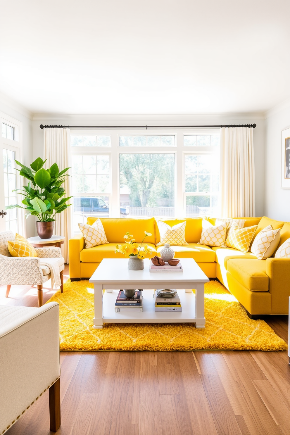 A bright and inviting family room featuring layered yellow and white decor accents. The walls are painted in a soft white, while the furniture includes a large yellow sectional sofa adorned with patterned throw pillows. Natural light floods the space through large windows, enhancing the cheerful ambiance. A white coffee table sits in the center, surrounded by a cozy yellow area rug that ties the room together.