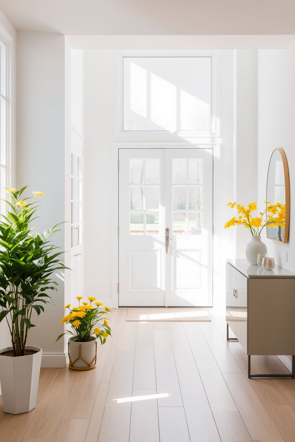 A bright foyer filled with natural light. The walls are painted in a soft white, and the floor is adorned with light wood planks. In one corner, yellow potted plants flourish, adding a cheerful touch to the space. A stylish console table with a sleek design sits against the wall, topped with decorative items that complement the vibrant greenery.