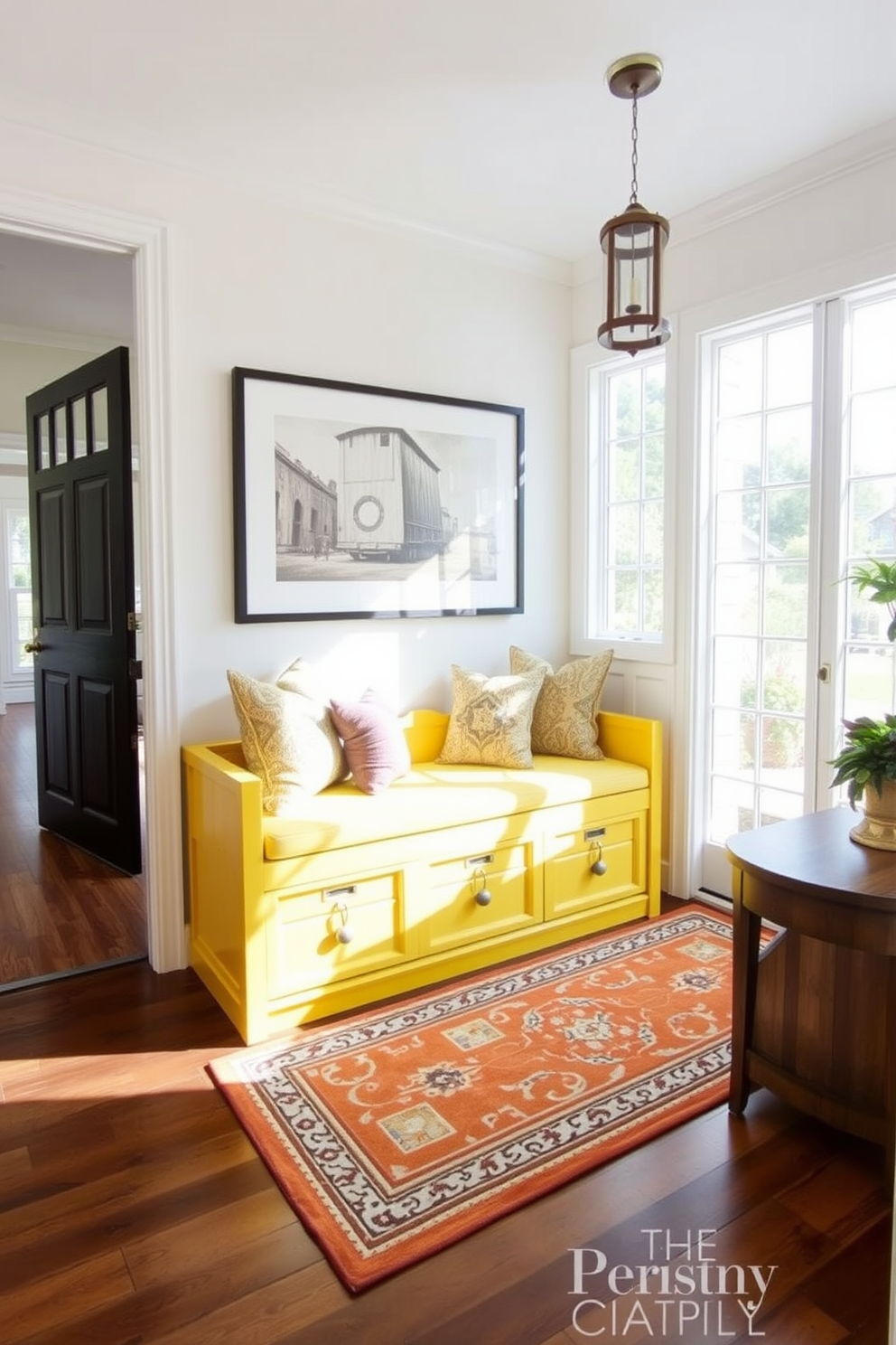 A welcoming foyer with warm yellow paint that brightens the space. Natural wood accents frame the entrance and provide a cozy, inviting atmosphere.