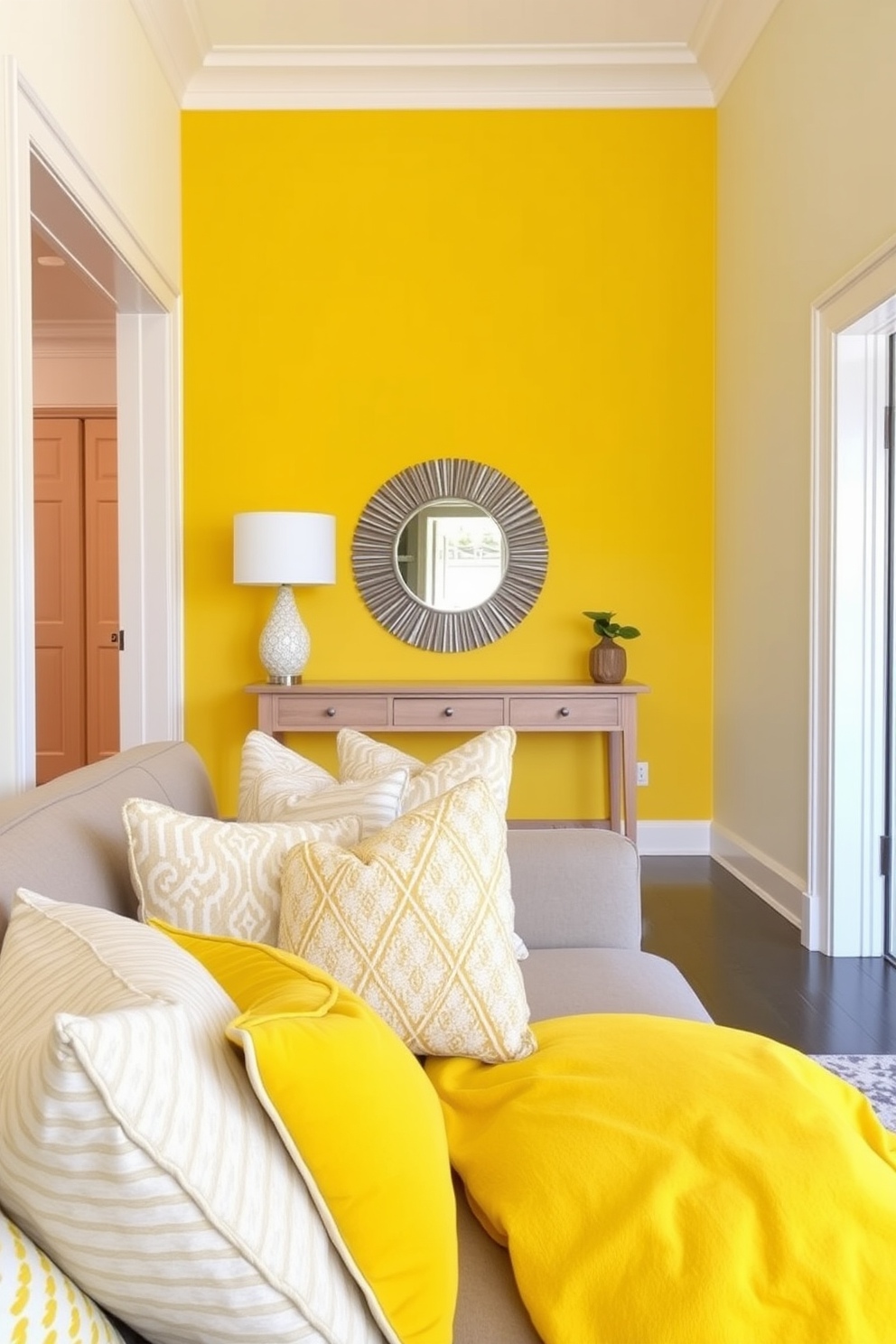 Layered yellow and white throw pillows are artfully arranged on a sleek modern sofa, creating a vibrant focal point in the space. The pillows feature various textures and patterns, adding depth and interest to the overall design. The foyer is designed with a bright yellow accent wall that complements the soft white trim around the doorways. A stylish console table in a light wood finish sits against the wall, adorned with a decorative mirror and a small potted plant for a welcoming touch.