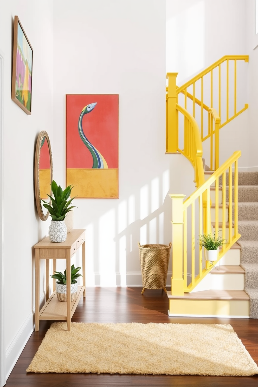 A bright and inviting foyer features a sunshine yellow staircase railing that adds a cheerful touch to the space. The walls are adorned with soft white paint, creating a fresh backdrop for vibrant artwork and decorative elements. The foyer includes a stylish console table in a light wood finish, topped with a decorative mirror and potted plants. A plush area rug in complementary shades of yellow and gray anchors the space, enhancing its warmth and welcoming atmosphere.