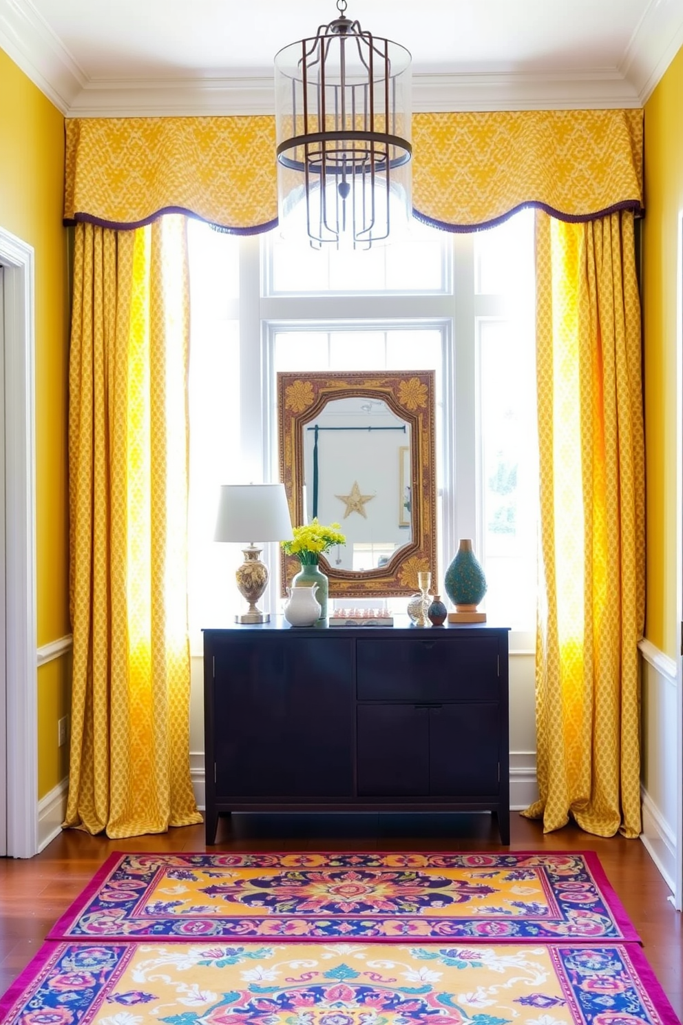 A bright foyer adorned with yellow patterned curtains that add texture and warmth to the space. The curtains frame a large window that allows natural light to flood in, enhancing the inviting atmosphere. The foyer features a stylish console table against the wall, topped with decorative items and a mirror that reflects the vibrant yellow hues. A beautiful area rug in complementary colors anchors the space, creating a cohesive and welcoming entryway.