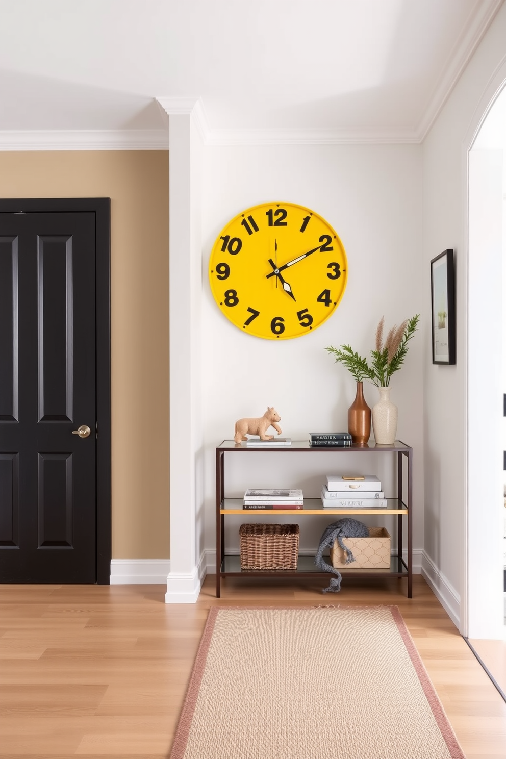 A vibrant yellow wall clock is the focal point of the foyer, adding a cheerful touch to the space. The clock features bold, modern numbers and a sleek design that complements the overall aesthetic. The foyer is designed with a mix of contemporary and classic elements, showcasing a console table with decorative items. A stylish runner rug in neutral tones leads guests into the home, enhancing the welcoming atmosphere.