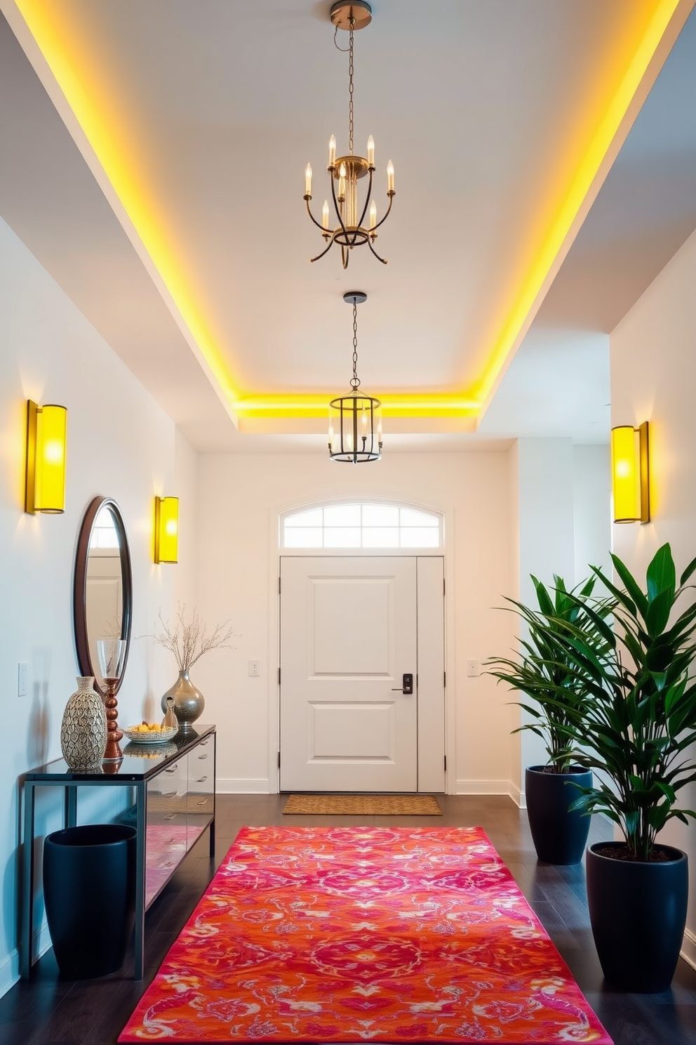 A bright foyer featuring yellow light fixtures that provide stylish illumination. The walls are painted in a soft white, and a sleek console table with decorative accents is placed against one side. A vibrant area rug adds warmth to the space, while large potted plants bring a touch of nature indoors. The ceiling is adorned with a modern chandelier that complements the yellow lighting, creating an inviting atmosphere.