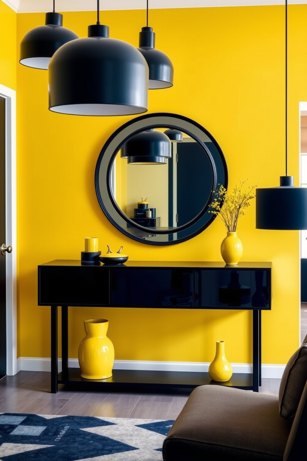 A striking foyer design featuring a bold yellow accent wall that contrasts with sleek black furnishings. The space is illuminated by modern black pendant lights hanging from the ceiling, enhancing the dramatic effect of the color scheme. A stylish console table in black is placed against the wall, adorned with vibrant yellow decorative items. A large round mirror with a black frame hangs above the table, reflecting the lively atmosphere of the foyer.