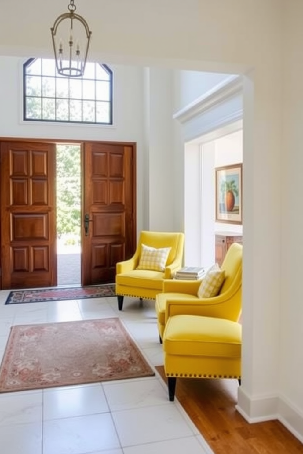 A bright yellow foyer adorned with floral wallpaper creates an inviting and cheerful atmosphere. The space features a sleek console table with a glass top, complemented by a round mirror with a gold frame above it. A vibrant area rug with intricate patterns anchors the room, adding warmth and texture. Potted plants in stylish ceramic pots are strategically placed to enhance the natural light streaming in through the windows.