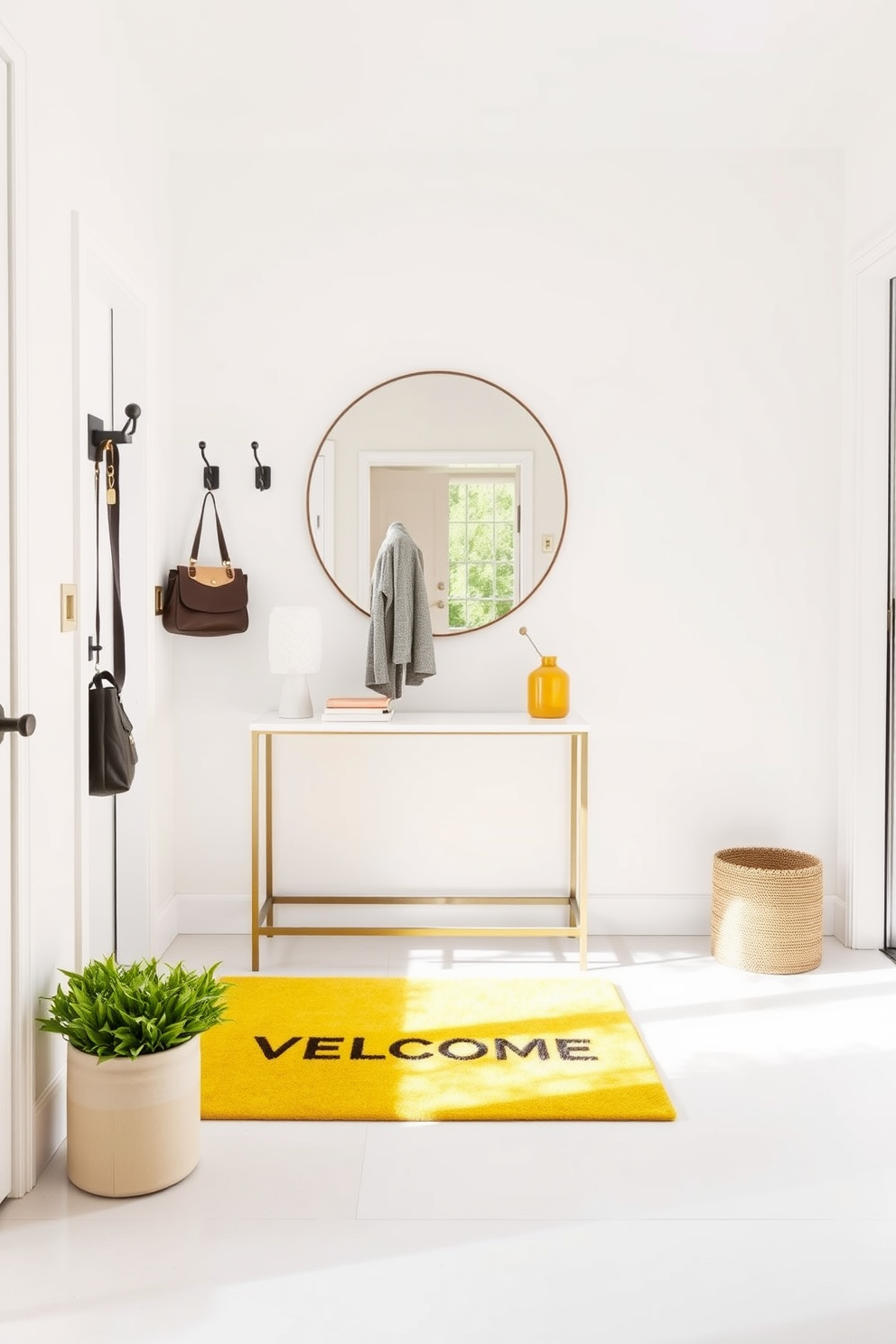 A bright yellow welcome mat is placed at the entrance, inviting guests into a cheerful foyer. The walls are painted in a soft white, creating a bright and airy atmosphere that complements the vibrant mat. Stylish hooks are mounted on the wall for coats and bags, while a sleek console table sits against one side. A large round mirror above the table reflects light and adds depth to the space.