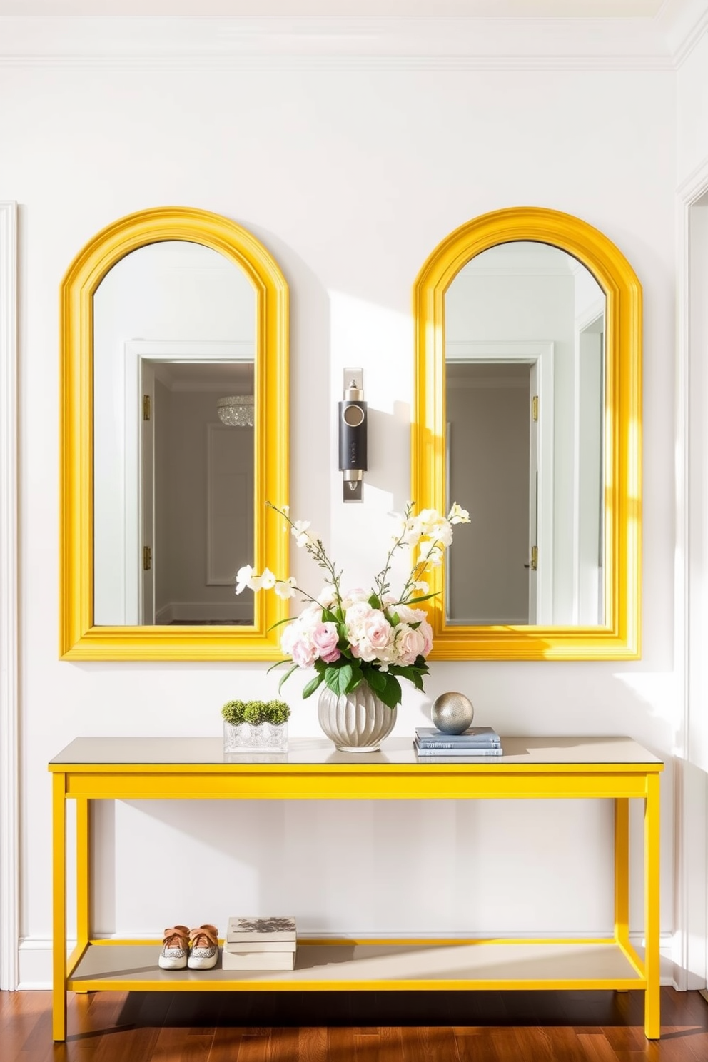 A vibrant yellow wall clock hangs prominently on a white wall, adding a pop of color while serving its functional purpose. The clock features sleek black hands and a minimalist design that complements the modern aesthetic of the space. The foyer showcases a blend of contemporary and classic elements, with a yellow accent wall that brightens the entrance. A stylish console table sits against the wall, adorned with decorative items and a mirror that reflects light, creating an inviting atmosphere.