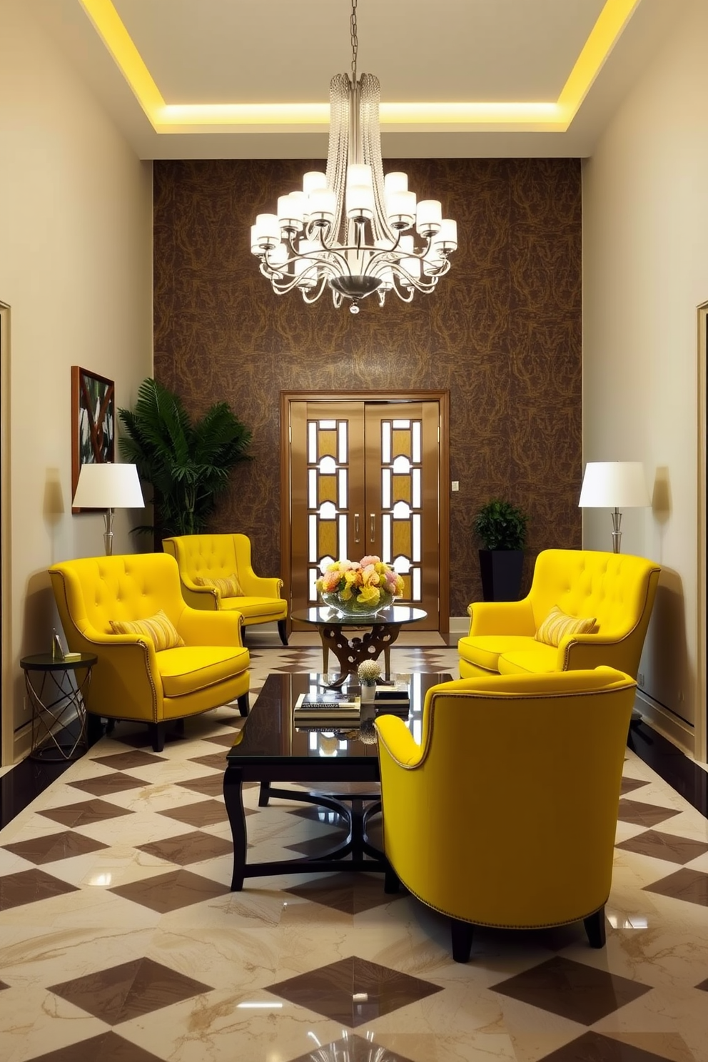 A stunning foyer featuring yellow art deco style furniture pieces. The space is illuminated by a large chandelier, and the walls are adorned with geometric patterns in complementary colors.