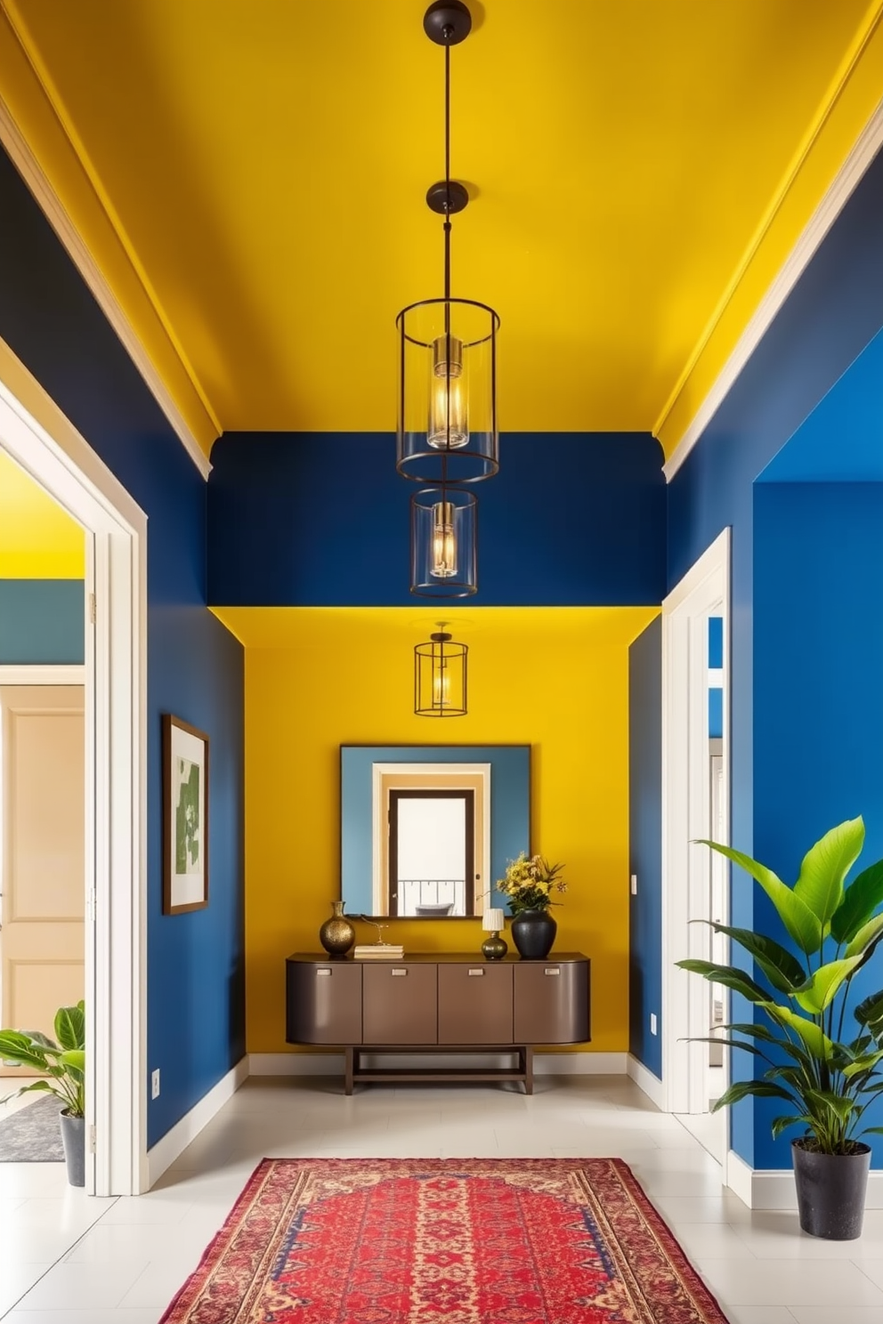 A bright yellow ceiling creates a cheerful atmosphere in the foyer, contrasting beautifully with the deep blue walls that surround it. The space features a sleek console table adorned with decorative items, and a large mirror reflects the vibrant colors, enhancing the openness of the area. Stylish light fixtures hang from the yellow ceiling, casting a warm glow over the space. A patterned rug on the floor adds texture, while potted plants in the corners bring a touch of nature indoors.