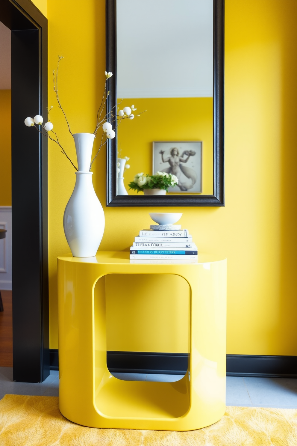 Chic yellow side table with decor accents. The table features a sleek design with a glossy finish and is adorned with a stylish vase, a stack of art books, and a small decorative bowl. Yellow foyer design ideas. The space is brightened with a bold yellow accent wall, complemented by a minimalist console table and a large mirror that reflects natural light.