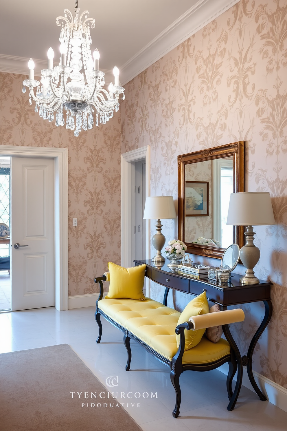 A vintage bench is adorned with soft yellow cushions, adding a pop of color to the space. The bench is positioned against a backdrop of elegant wallpaper featuring intricate floral patterns. The foyer features a stunning chandelier that cascades light throughout the room. A stylish console table sits against the wall, topped with decorative items and a large mirror that enhances the sense of space.