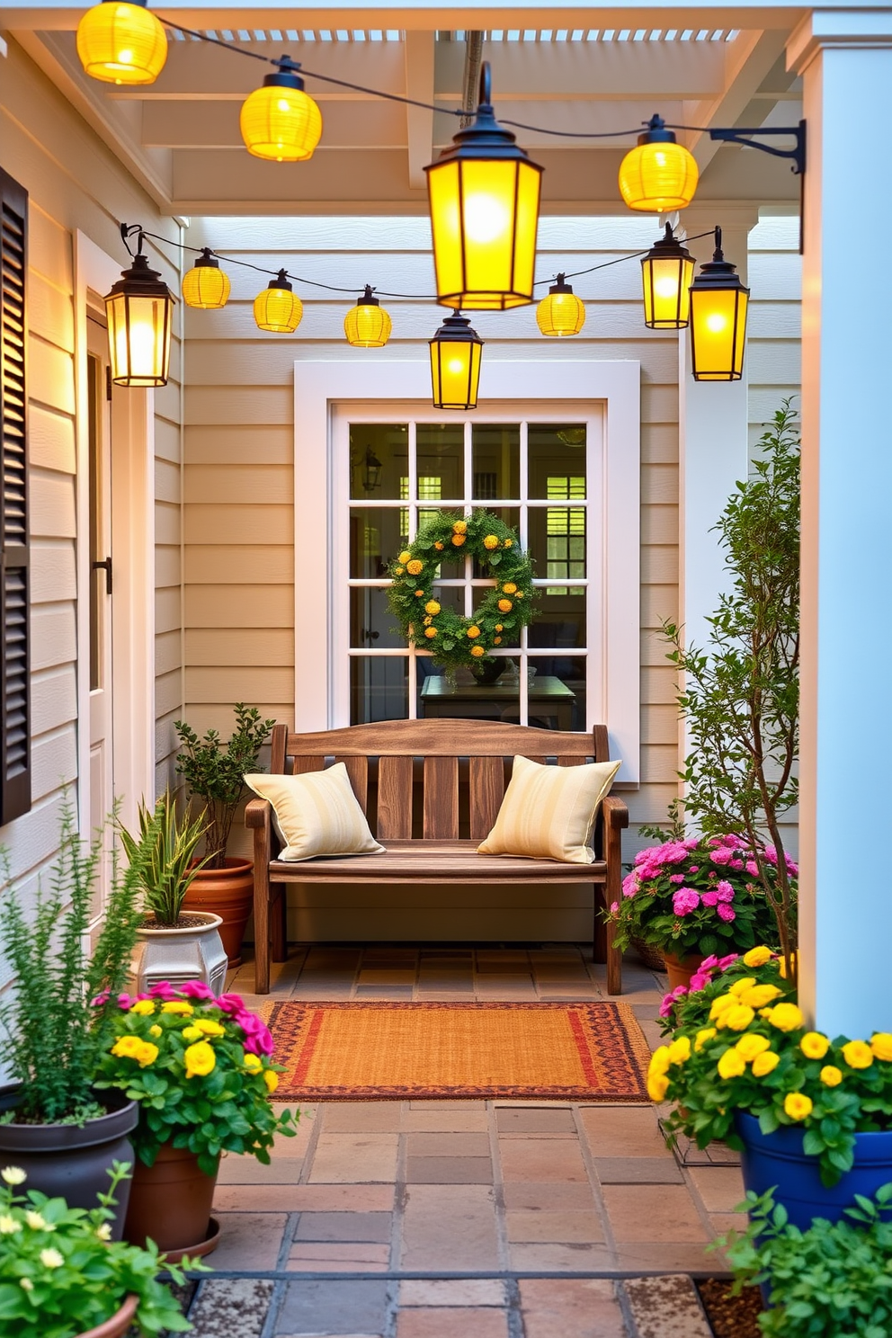 A bright and inviting foyer features a sleek wooden bench adorned with vibrant yellow accent pillows. The walls are painted in a soft neutral tone, enhancing the warmth and charm of the space.