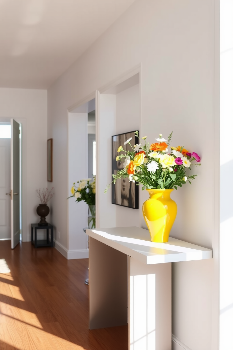 A bright yellow vase filled with fresh flowers sits on a sleek console table in a sunlit foyer. The walls are painted in a soft white hue, complementing the warm wooden flooring and creating an inviting atmosphere.