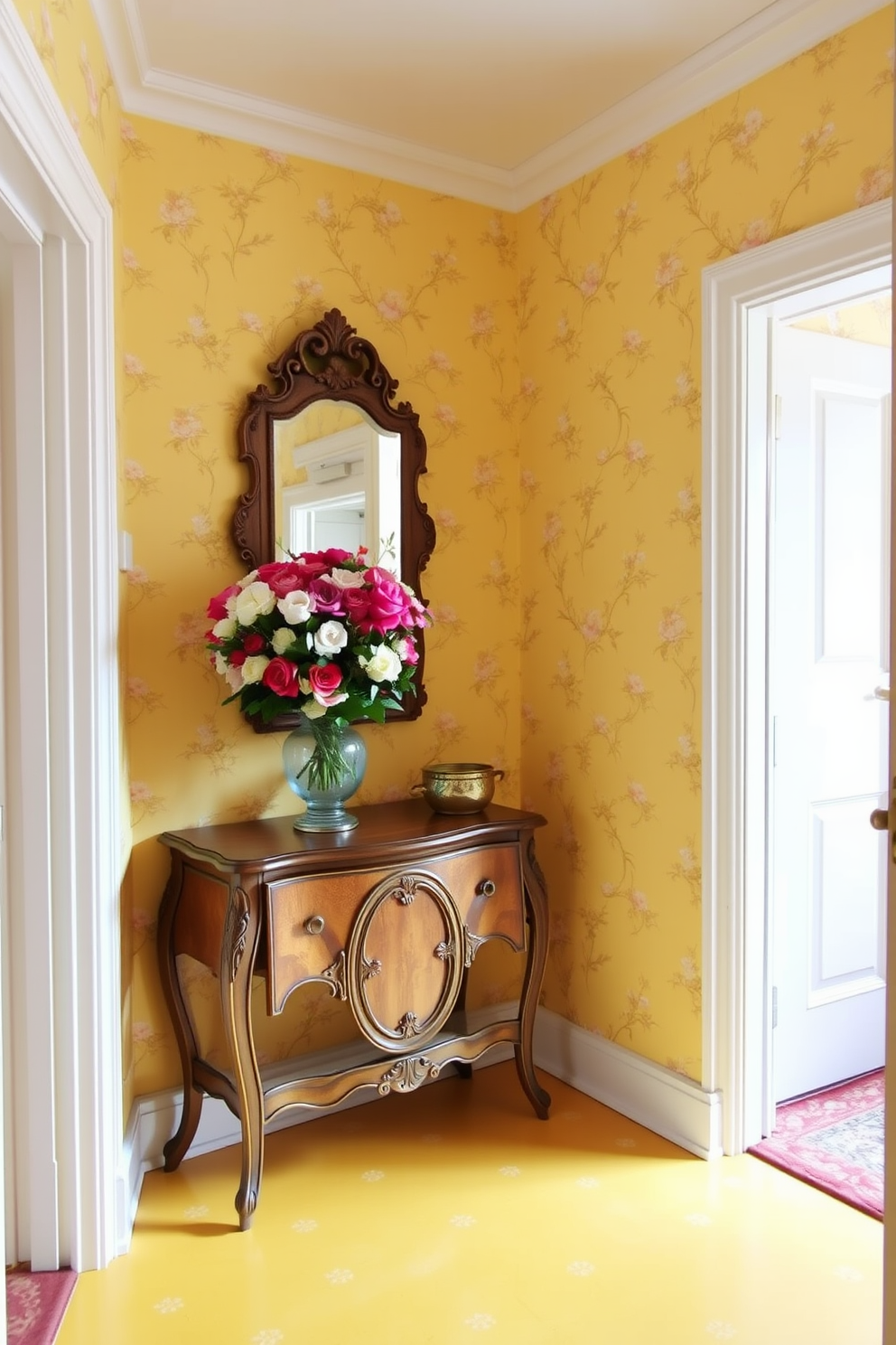 A bright and inviting foyer adorned with yellow wallpaper featuring delicate floral patterns. The space is enhanced by a vintage console table topped with a decorative mirror and a vibrant bouquet of fresh flowers.