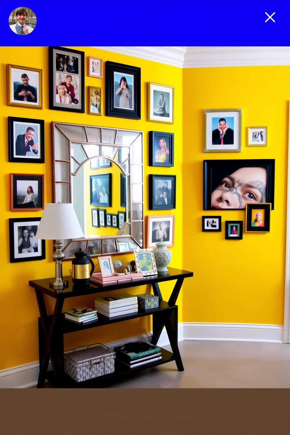 A stunning foyer area featuring yellow mosaic tiles that create a vibrant and unique flooring design. The space is illuminated by a modern chandelier hanging from a high ceiling, casting a warm glow over the inviting entrance. To the left, a sleek console table holds decorative items and a large round mirror that reflects natural light. The walls are adorned with subtle artwork, enhancing the overall aesthetic of the foyer while maintaining an airy ambiance.