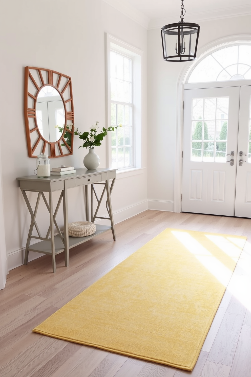 A vibrant yellow console table stands against a wall adorned with two elegant mirrors that reflect light beautifully. The foyer features a warm welcome with a stylish runner rug and fresh greenery flanking the console, creating an inviting atmosphere. The yellow console table is complemented by decorative items such as a chic lamp and a few carefully arranged books. The mirrors above are framed in a sleek gold finish, adding a touch of luxury to the overall design.