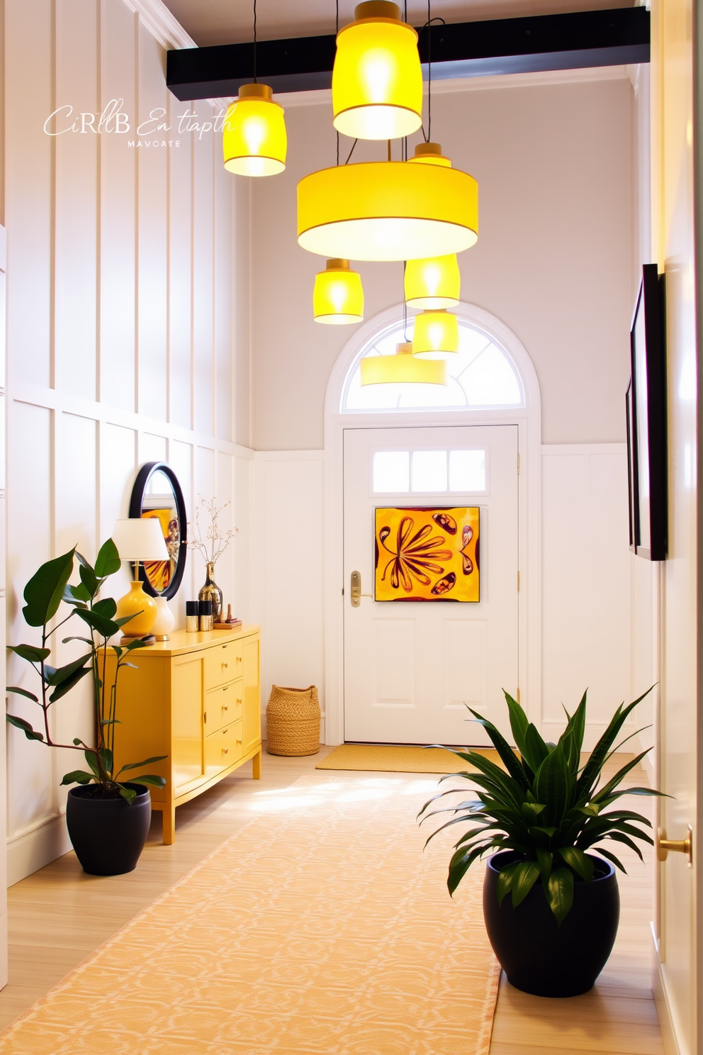 A bright foyer featuring yellow pendant lights that cast a warm and inviting glow throughout the space. The walls are adorned with soft white paneling, and a stylish console table sits against one side, topped with decorative items and a vibrant piece of artwork. The floor is covered with a chic patterned rug that complements the yellow accents. Potted plants are strategically placed to add a touch of greenery and enhance the welcoming atmosphere.