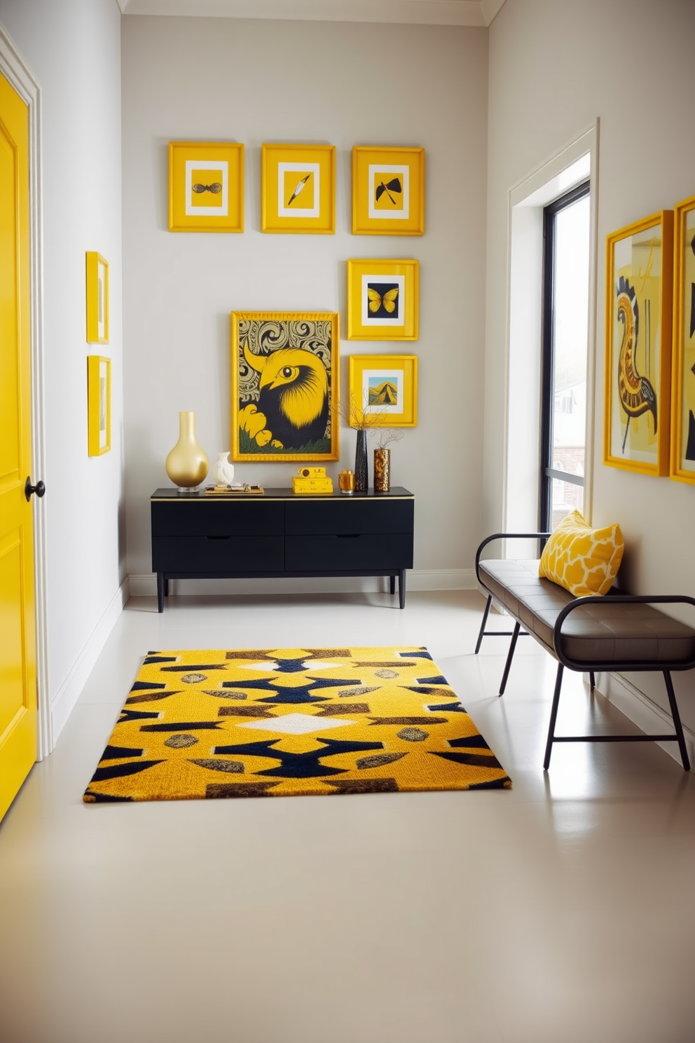 A vibrant foyer with yellow framed artwork adorning the walls. The space features a sleek console table with decorative items and a bold area rug that complements the yellow accents. The walls are painted in a soft neutral tone to enhance the brightness of the yellow frames. A stylish bench sits against one side, providing a functional yet chic seating option in the foyer.