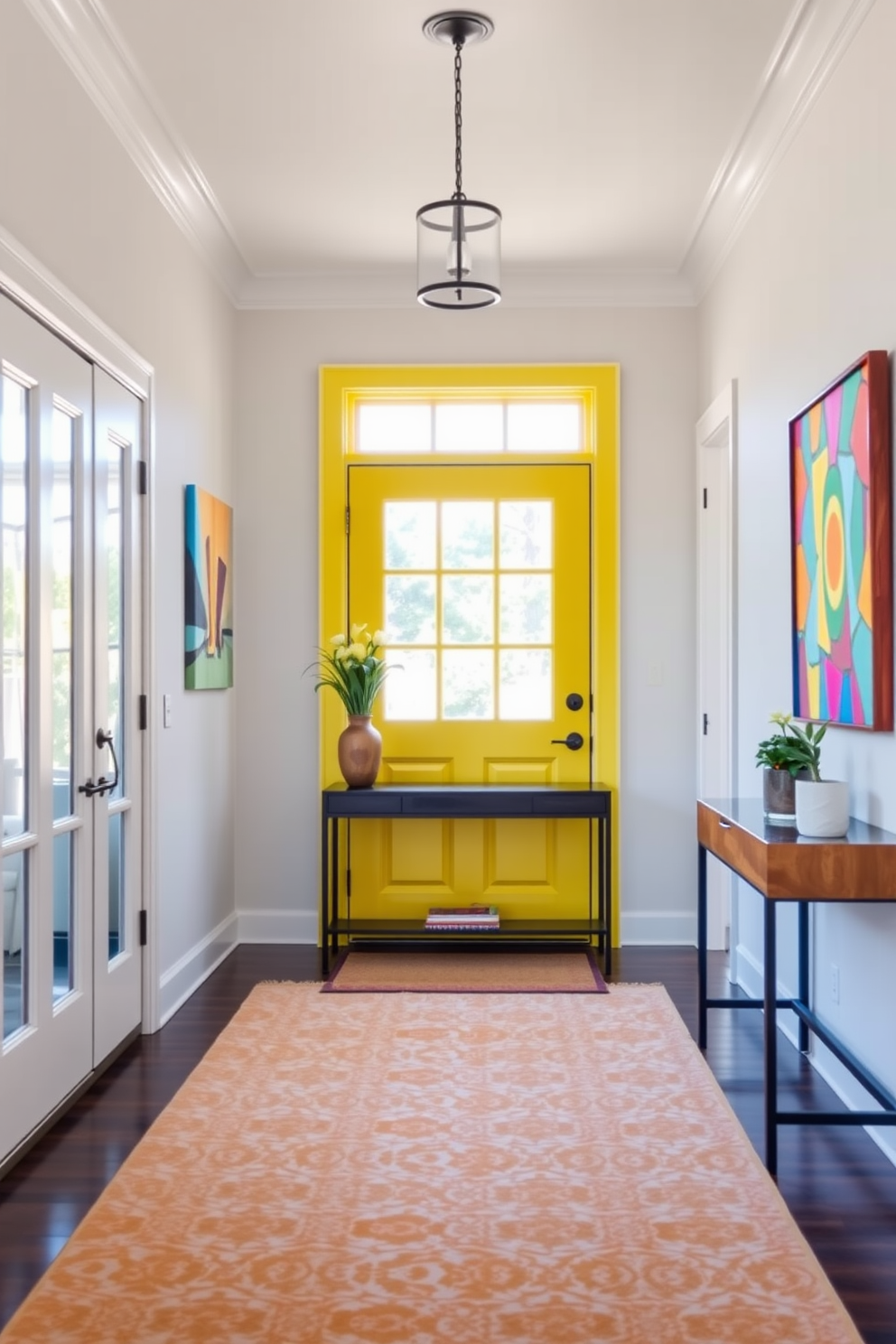 A cheerful yellow runner rug adds warmth and vibrancy to the foyer. The space features a bright white console table adorned with fresh flowers and a stylish mirror above it.